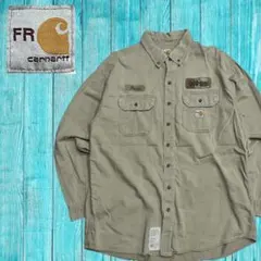 雰囲気抜群◎ カーハート FR 長袖 ワークシャツ XL 企業ロゴ 難燃 カーキ