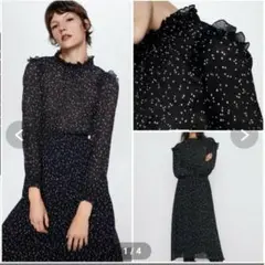 ZARA　ザラ　ブラックドット柄長袖シフォンワンピース　フレア　フェミニン