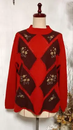 お値下げ　00s Y2K ヴィンテージパッチワーク刺繍ウールニット　昭和レトロ