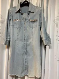 Radyシャツワンピース ライトブルー 七分袖 ビジュー付き