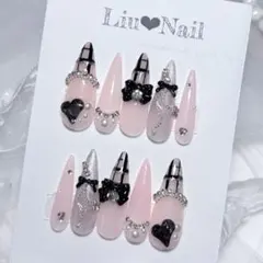 Ｎｏ．現品 ネイルチップハンドメイド ピンクチェック黒手書き韓国シルバーリボン