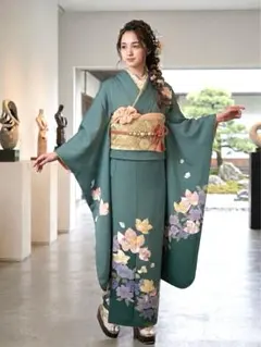 振袖 正絹 深緑 青緑 桜 古典柄 流水 成人式 前撮り 結婚式 美品 振袖 