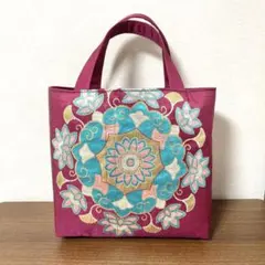 和柄帯リメイクトートバッグ/和装バッグ（赤紫系）