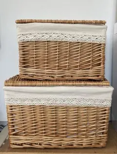 天然素材 フタ 付き かご 収納 バスケット レース 2個セット