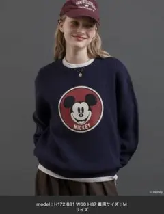 ミッキーマウス プリント ニット セーター 長袖 ネイビー