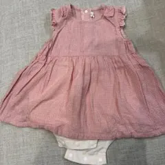 フリル付きピンクチェックドレスロンパース 80
