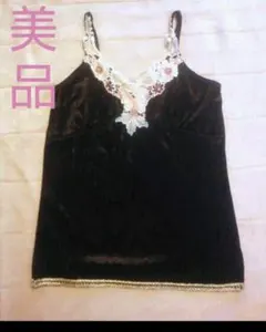 キャミソール 小花 刺繍 レース ベロア ベルベット 黒 カットソー インナー