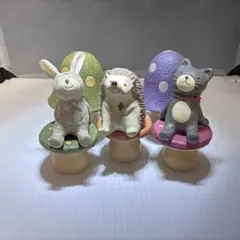 動物とキノコの置物 3組＋2個セット うさぎ ハリネズミ 猫 きのこ オブジェ