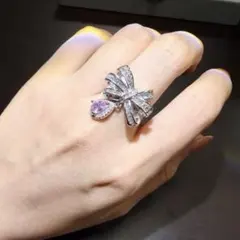 【大人可愛い】リボンデザイン ピンクダイヤ風 リング 調整可