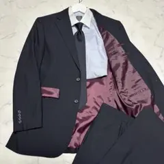 美品　オーダー　セットアップスーツ　ネイビー　シャドーストライプ　裏地ボルドー