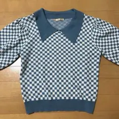 Emsexcite 青 白 チェック柄 襟付きニット