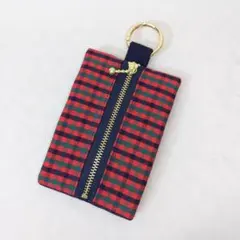 ミニポーチ 赤チェック カラビナ付き ハンドメイド