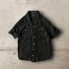 USA古着vintage 100%リネンシャツ半袖開襟プリーツ刺繍ブラックM