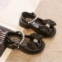 17.5cm◆子供用パールリボン付きフォーマルシューズ 黒ブラック◆
