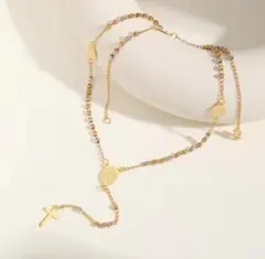 【超人気】ゴールドシルバー クロスロザリオネックレス サージカルステンレス