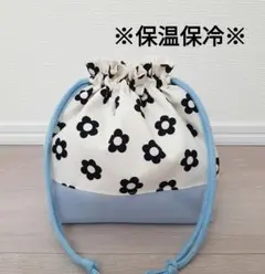 【O-77】ハンドメイド お弁当袋 巾着袋 保温保冷 花柄 水色