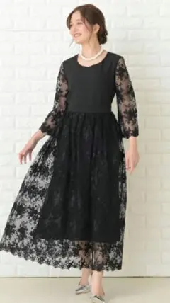 花柄シースルー袖 ロングドレス ブラック パーティー 結婚式 ワンピース