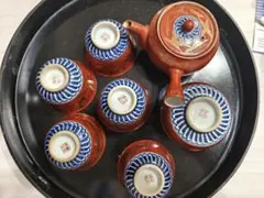 九谷永楽 赤絵金彩 湯呑5客 湯冷まし+茶筅 昭和 煎茶器セット