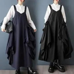 大きいサイズ 新品 秋冬プリーツ サロペットスカート 黒 ゆったり ワンピースｄ