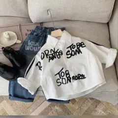 sheinボーイズカジュアルゆったりシャツ5y白ホワイト英文字104-110cm