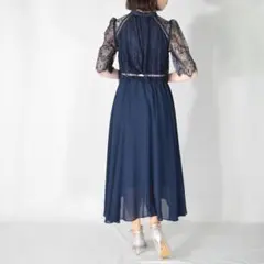 スカート部分傷有サイズSプチハイネックフレアレーススリーブフィッシュテールワンピ