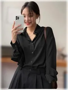 【試着のみ・美品】ドロップショルダー長袖シャツ 黒 きれいめ 秋冬 レディース