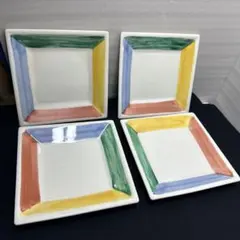 （016）多色の四角形陶器皿4枚セット　色絵磁器　四色角小皿