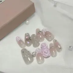 【現品】ネイルチップ 振袖 成人式 ワンホン ピンク リボン うる艶 量産型