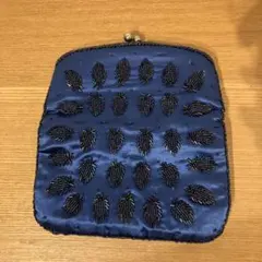 3F 美品 華やか ビーズ細工 がま口 クラッチバッグ 紺 サテン 昭和レトロ