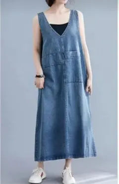 ＊新品未使用＊デニムブルー ロング丈サロペット　ジャンパースカート　Lサイズ