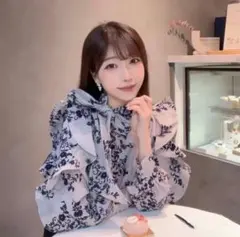 ブラウス リボンタイ　シフォン フロッキー　オーガンシースルー　ネイビー　紺