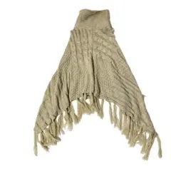 海外古着☆ケーブル編み ニットポンチョ フリンジ付き　タートルネック ベージュ