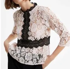 ZARA ピンク・黒 レース七分袖ブラウス