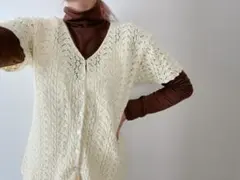 古着　ビンテージ　used ニット　クロシェ　黄色　カーディガン　シェル