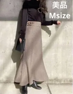 【翌日発送】美品☆千鳥柄レザーベルトマーメイドスカート フレアスカート 茶 M