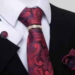 ペイズリー柄 ネクタイ 4点セット ボルドー 結婚式 フォーマル 入学入社式