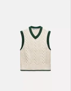 ZARAケーブルニットベスト アイボリー グリーン　美品