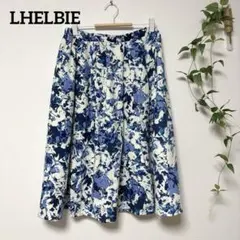 LHELBIE 抽象花柄アートプリントスカート 青系 フリーサイズ ひざ丈