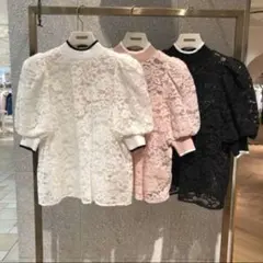 SNIDEL　総レース パフスリーブ ライントップス ピンク F　極美品✨