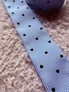 ストライプ　フロッキーハート　リボン　水色　幅5cm 2m売り