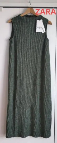 ZARA ノースリーブ リブニット マキシワンピース グリーン S