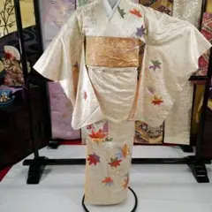 Hto321 躾付き 訪問着 比翼付 正絹 広襟 紅葉刺繍 金糸 一つ紋