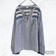 J948 GAP ギャップ 刺繍 ストライプ スキッパー ブラウス M ブルー白