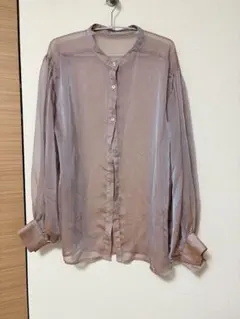 レトロガール　シアー　シャツ　バンドカラー 長袖ブラウス くすみピンク