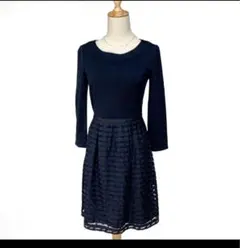 【美品】KUMIKYOKU 切替ワンピース レース フォーマル 紺 2 組曲