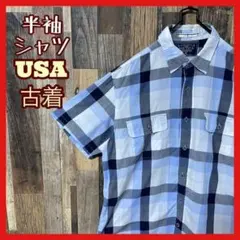 チェック 水色 メンズ アメカジ M シャツ USA古着 90s 半袖