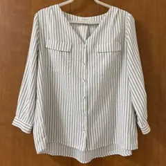 OPAQUE.CLIP Vネック ストライプ柄ブラウス 七分袖