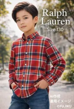 【良品】ラルフローレン キッズ チェックシャツ 130 赤 長袖 ポロロゴ