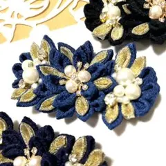 566ブルー×ゴールド　帯飾り　帯留め　つまみ細工　成人式　卒業式　振袖