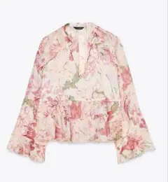 ✨完売✨ZARA 花柄 フリル シフォンブラウス　L